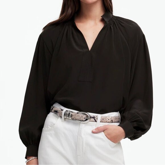 NWT Madewell Sz XS Black Shirred Long Sleeve Top in Silk Relaxed Flowy NT652 - Picture 1 of 12